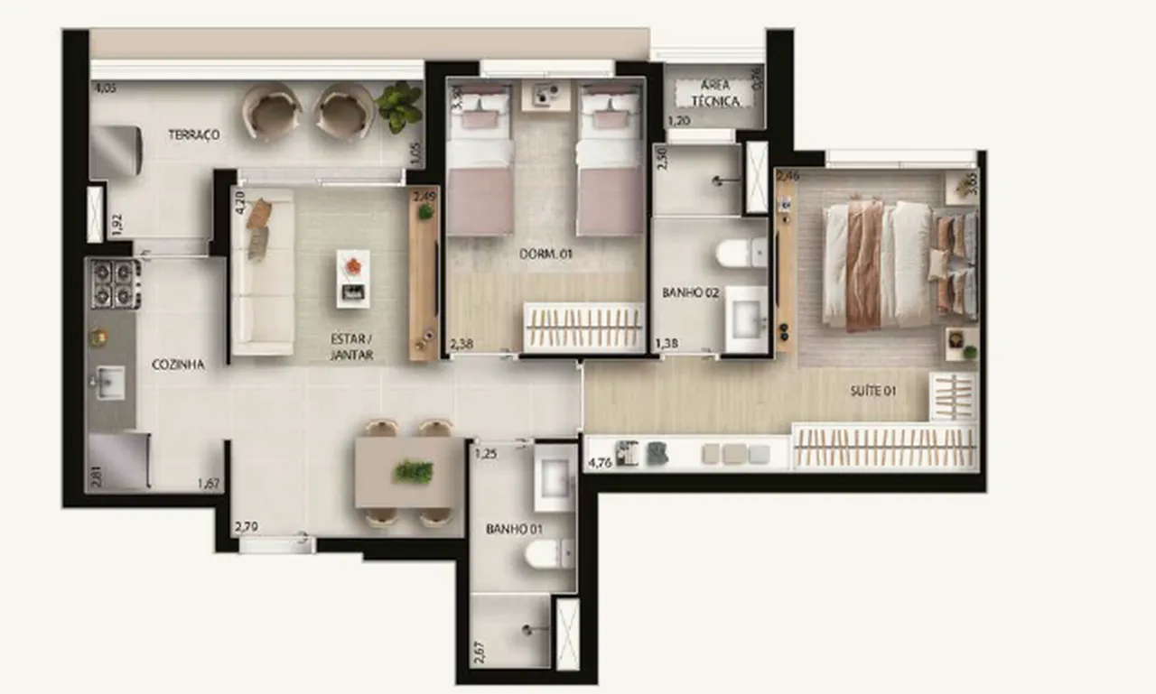 Planta baixa do apartamento de 61m² do Garden Design